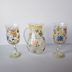​Hand Painted Floral Yellow Lattice Glass Pitcher & 2 Wine/Water Goblets Set